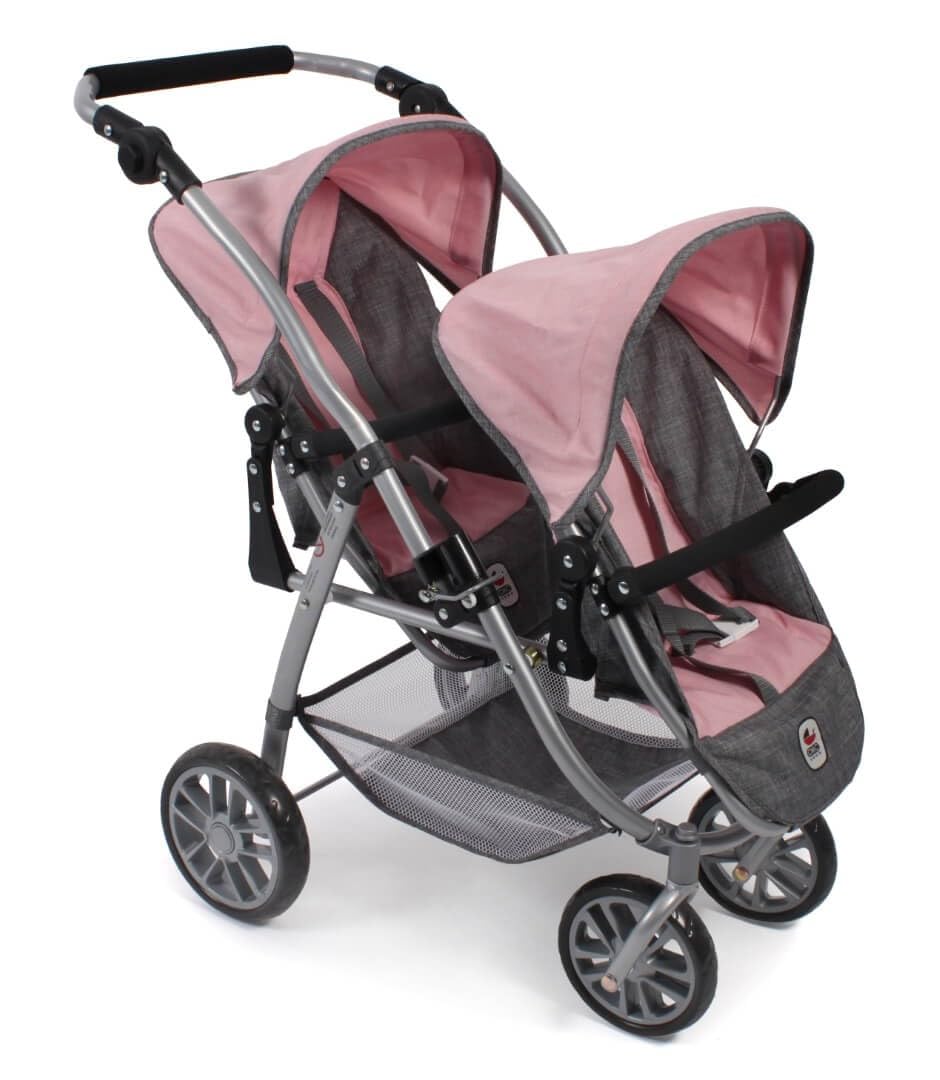 Tandembuggy Vario - Cochecito Doble para Dos muñecas, para niños de 4 a 8 años, Color Gris y Rosa