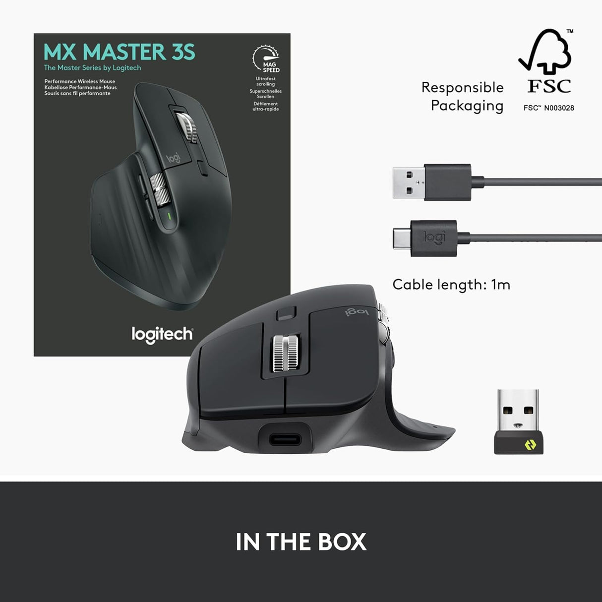 Logitech MX Master 3S - Ratón inalámbrico de Rendimiento con Desplazamiento ultrarrápido, USB-C, Bluetooth, Windows, Linux, Cromado, Gris Oscuro