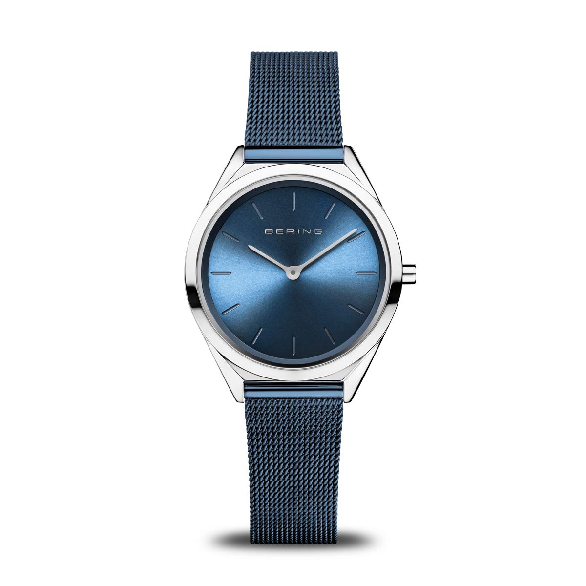 BERING 17031-307 Reloj de cuarzo unisex con caja de acero inoxidable plateado de 31 mm y esfera azul, correa milanesa, cristal de zafiro y resistencia al agua de 3 ATM