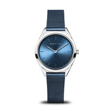 BERING 17031-307 Reloj de cuarzo unisex con caja de acero inoxidable plateado de 31 mm y esfera azul, correa milanesa, cristal de zafiro y resistencia al agua de 3 ATM