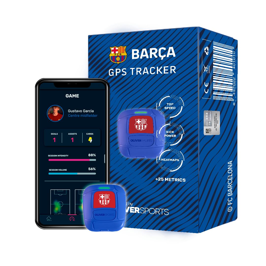 Oliver BARÇA GPS Tracker Powered by Sports-Cubre espinillera-App iOS y Android para Jugar Mejor y prevenir Lesiones Fútbol, Adultos Unisex, Azul, Pequeño