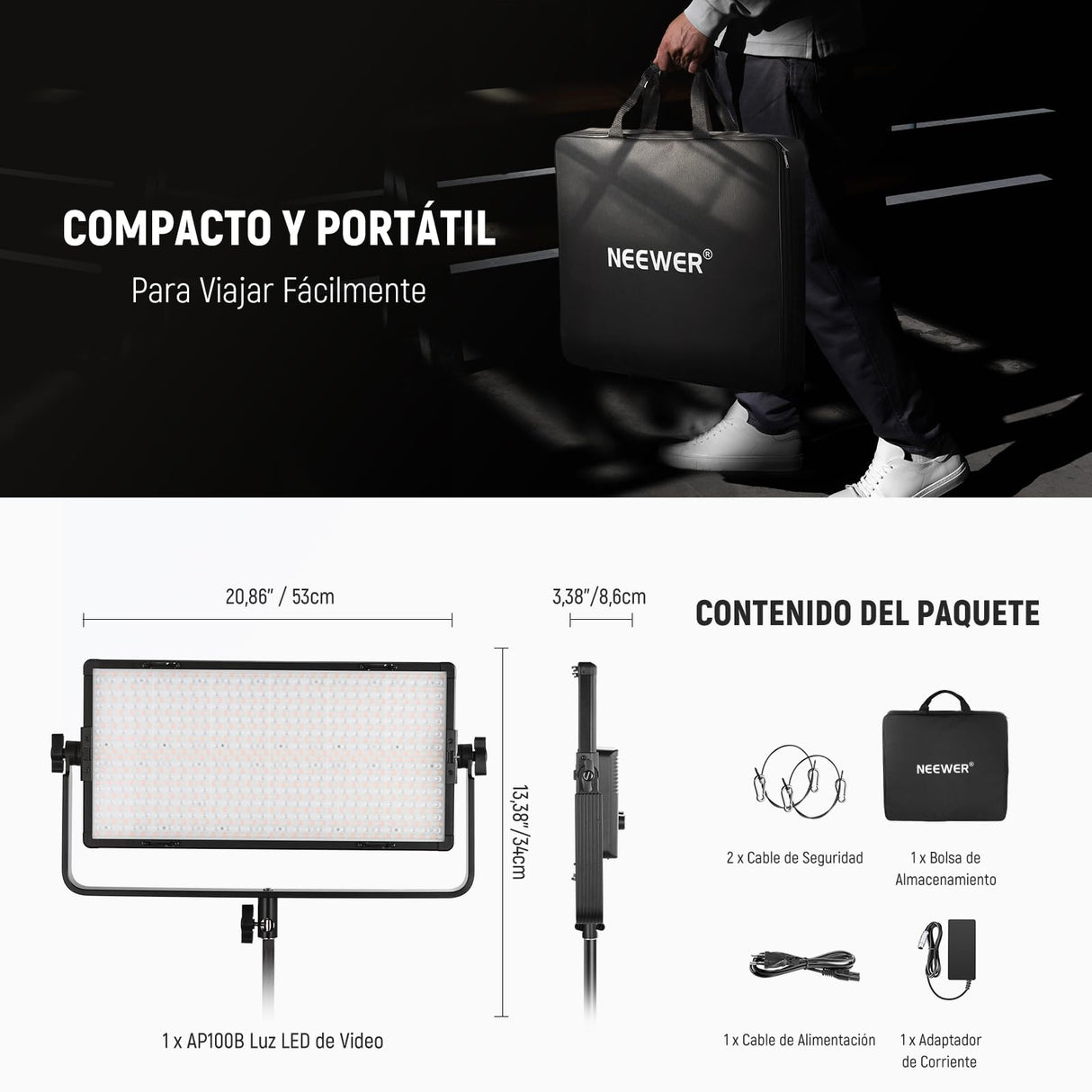 NEEWER 100W Bicolor LED Panel Luz Video Kit, 960 LED 38600Lux@0.5m 2500K-8500K CRI96+/TLCI97+ 0-100% Atenuación, App/2.4G/Panel/Control DMX para Foto Estudio Pro Grabación Luz Escenario, AP100B