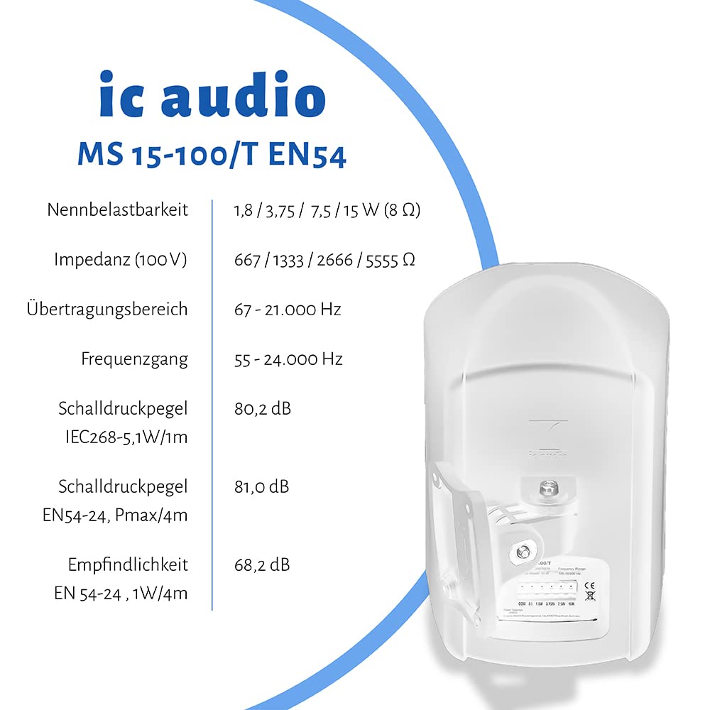 ic audio Altavoz MS 15-100 – Altavoz Compacto para Monitor de Voz y música, fácil Montaje en Pared, Altavoz de 15 W, Ideal para Interiores, Color Blanco