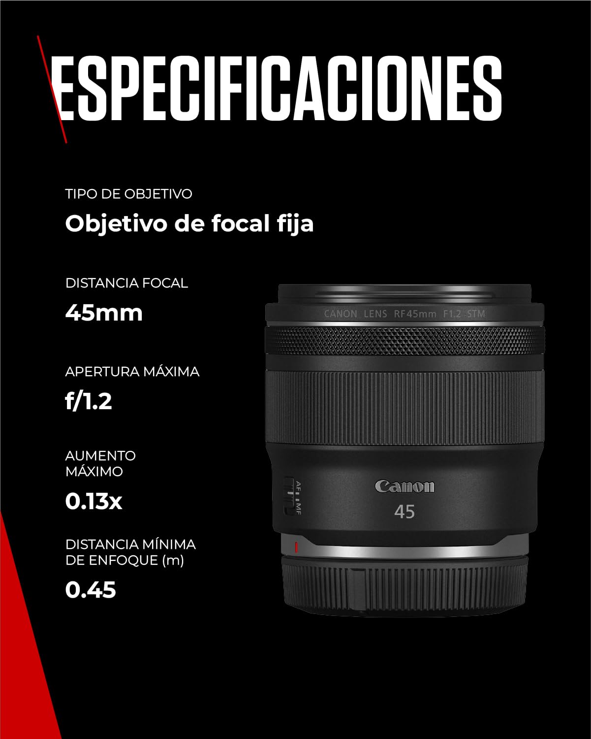 Canon Objetivo RF 45mm F1.2 STM - Objetivo Fijo con Apertura Superrápida f/1.2 | Ligero Fotografía de Retrato | Compatible con Cámaras Canon del Sistema EOS R