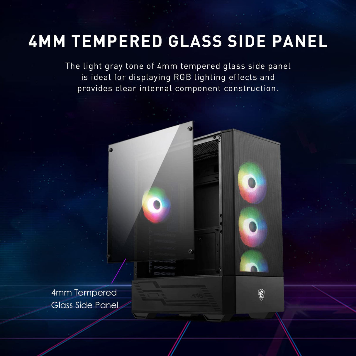 MSI Caja de Juegos de PC de Torre Media - Panel Lateral de Vidrio Templado - Ventilador aRGB de 4 x 120 mm - Soporte de refrigeración líquida de hasta 240 mm Radiador x 1 - mag Forge 112R