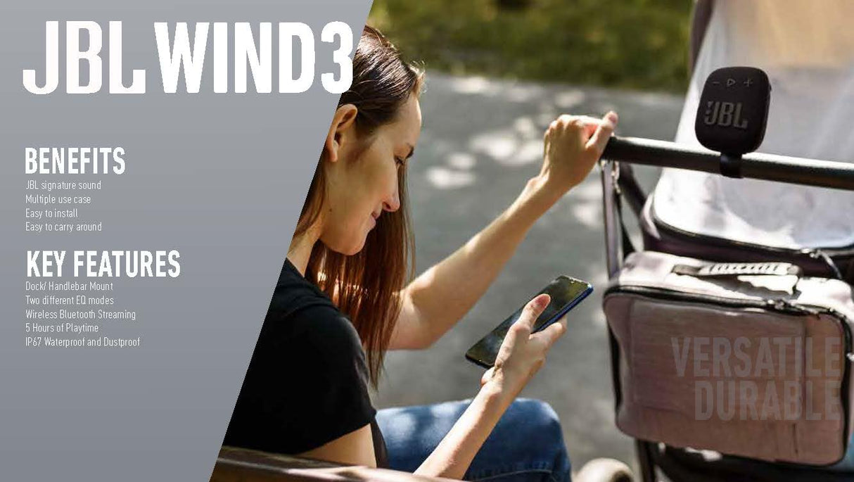 JBL Wind 3S - Mini Altavoz Bluetooth Potente portátil Harman Kardon - Bass Boost, Caja de música para Deporte y Outdoor con Pinza para Bicicleta, Scooter y Moto - Resistente al Agua - Rojo
