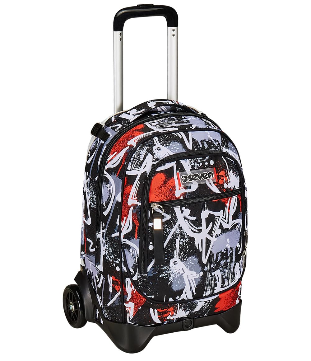 Seven Trolley New Tech, 2 Ruedas, Spray me, Negro, 3 en 1, Triple Uso, Mochila con Carro desenganchable, Mochila Escolar de Viaje, niño niño., Negro, Talla única, Escolar