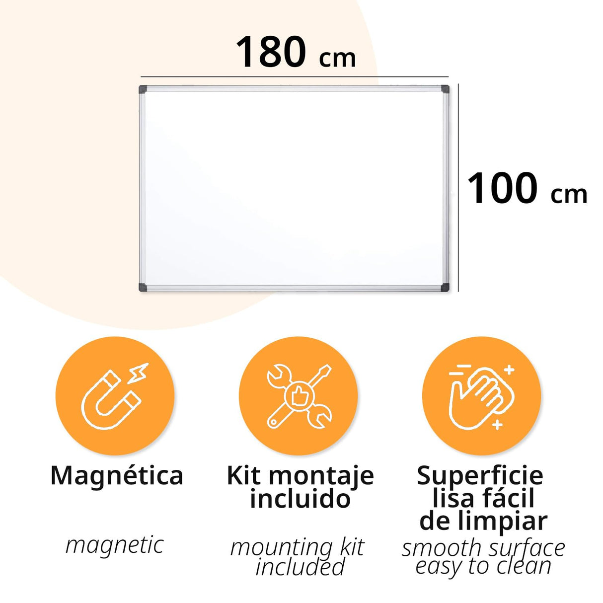 OFITURIA® Pizarra Blanca Magnética Lacada Con Marco De Aluminio Resistente Fácil De Borrar En Seco, Medida 180x100 cm