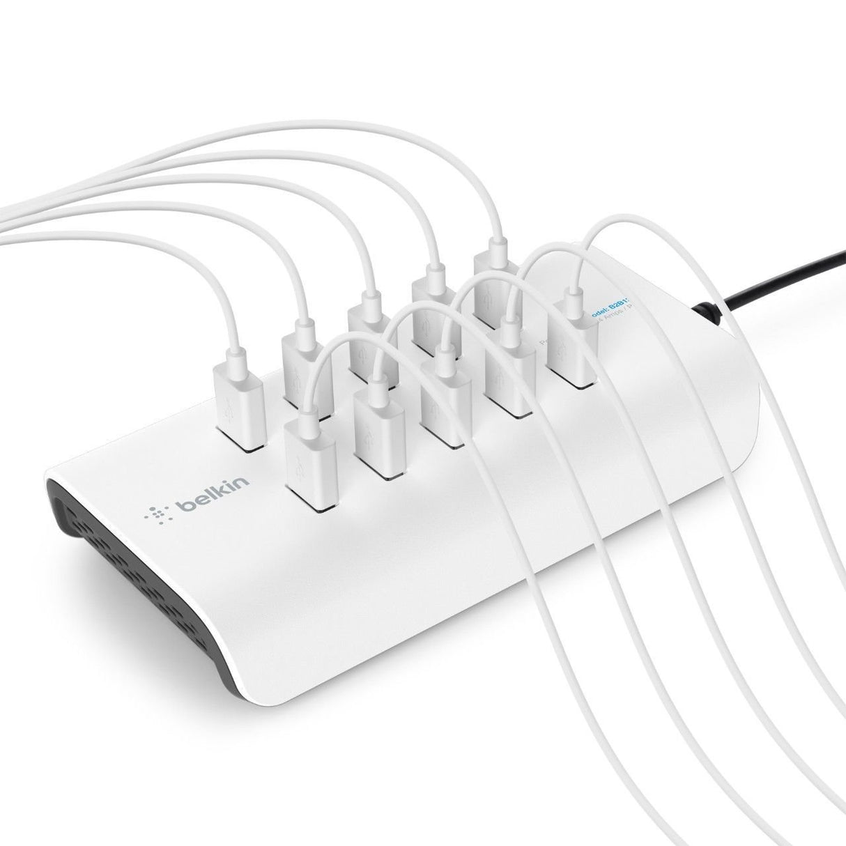Belkin Rockstar - Cargador de 10 Puertos USB-A, Carga rápida de 2.4 A por Puerto, protección contra sobretensiones integrada, Color Blanco