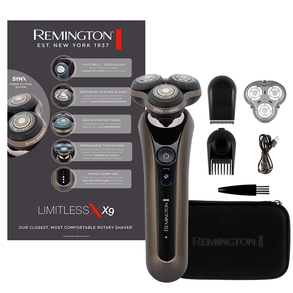 Remington XR1795 Afeitadora Rotativa y Láminas 2 en 1 X9 Limitless X, sistema de corte híbrido SynX, inalámbrica, recargable, uso en seco/mojado, Pivotball de 360°, memorización del afeitado