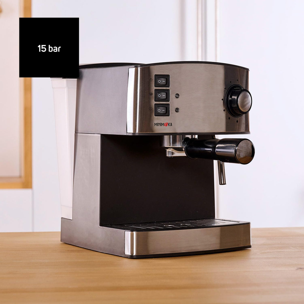 Minimoka - Cafetera espresso | 2 cacillos para 1 o 2 cafés | 15 bar | 850W | Vaporizador | 1.6L | Café molido o monodosis | Bandeja calienta tazas | Filtro Extra Cream | Inox