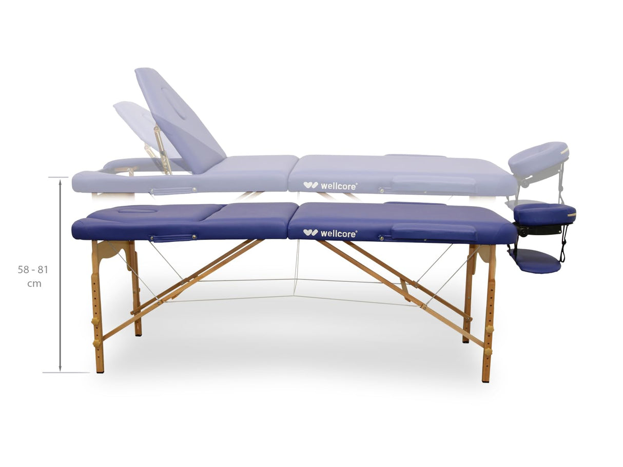 QUIRUMED Camilla de Masaje Plegable de Madera WELLCORE, con Respaldo abatible, Plus, 185 x 65 cm, Polipiel, Altura Regulable, Cabezal extraíble, Agujero Facial, Color Blanco, hasta 225 kg