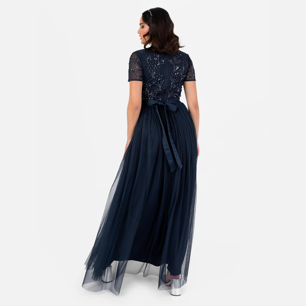 Maya Deluxe Women's Maxi Dress Ladies Floral Sequin Embellished V-Neck Short Sleeve Tulle Sash Tie Belt Empire A-Line Bridesmaid, Navy Blue, 52