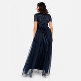 Maya Deluxe Women's Maxi Dress Ladies Floral Sequin Embellished V-Neck Short Sleeve Tulle Sash Tie Belt Empire A-Line Bridesmaid, Navy Blue, 52