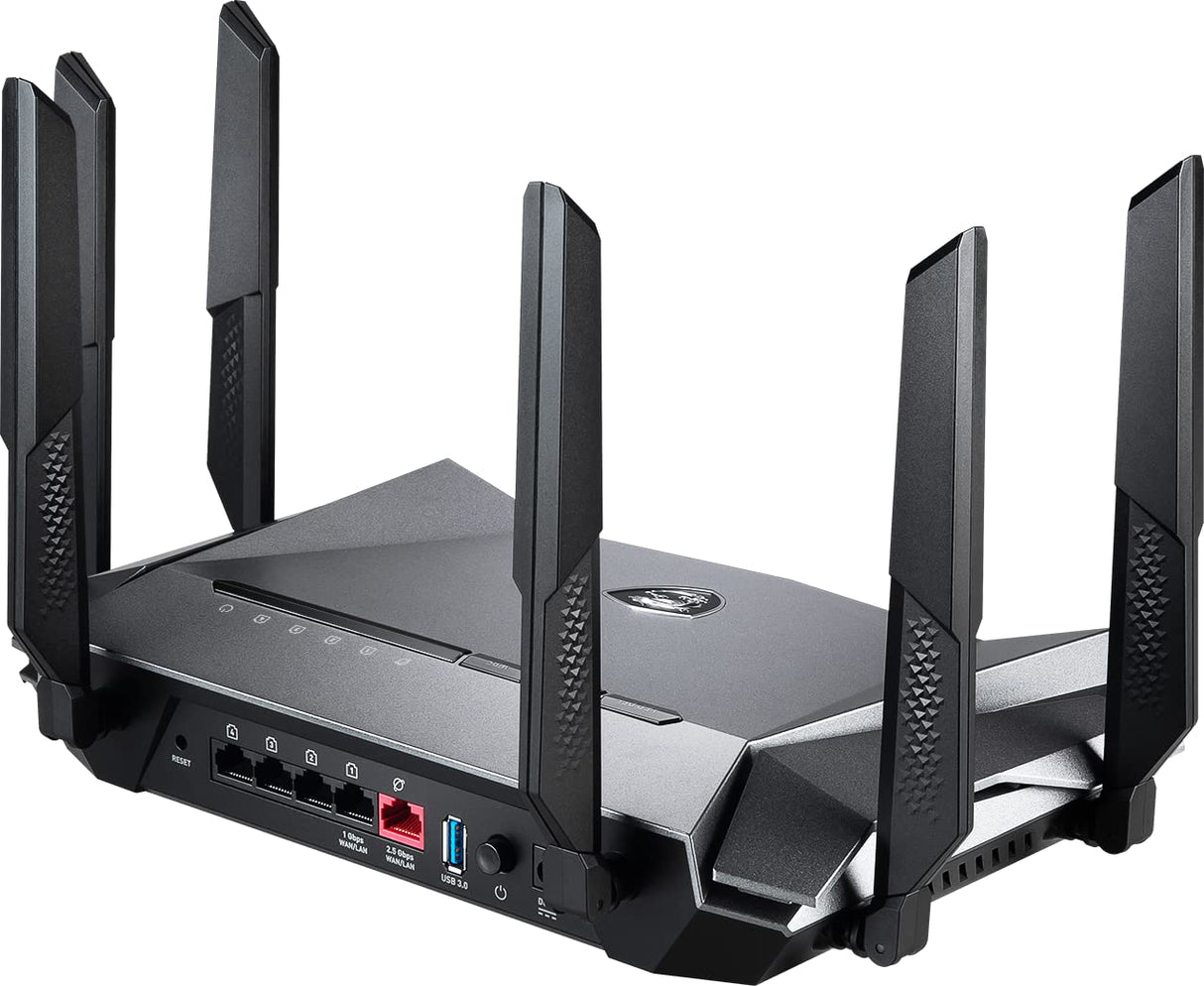 MSI RadiX AX6600 WiFi 6 Router Gaming Tres Bandas - WLAN Rápida de hasta 6600 Mbps (5GHz, 2.4GHz Inalámbrico), AI QoS Priority, MU-MIMO, Beamforming, WPA3, 2.5G WAN/LAN & 4 x 1G LAN Ports