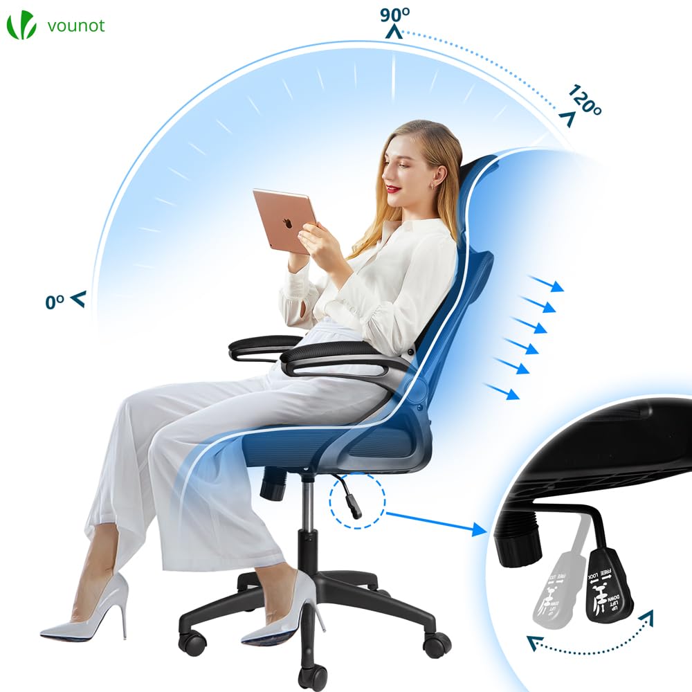 VOUNOT® Silla Oficina Ergonómica, Silla de Escritorio para Ordenador, Ajustable y Reclinable con Reposacabezas, Soporte Lumbar y Reposabrazos Abatibles, Malla Transpirable Ruedas Giratorias 360° Negro