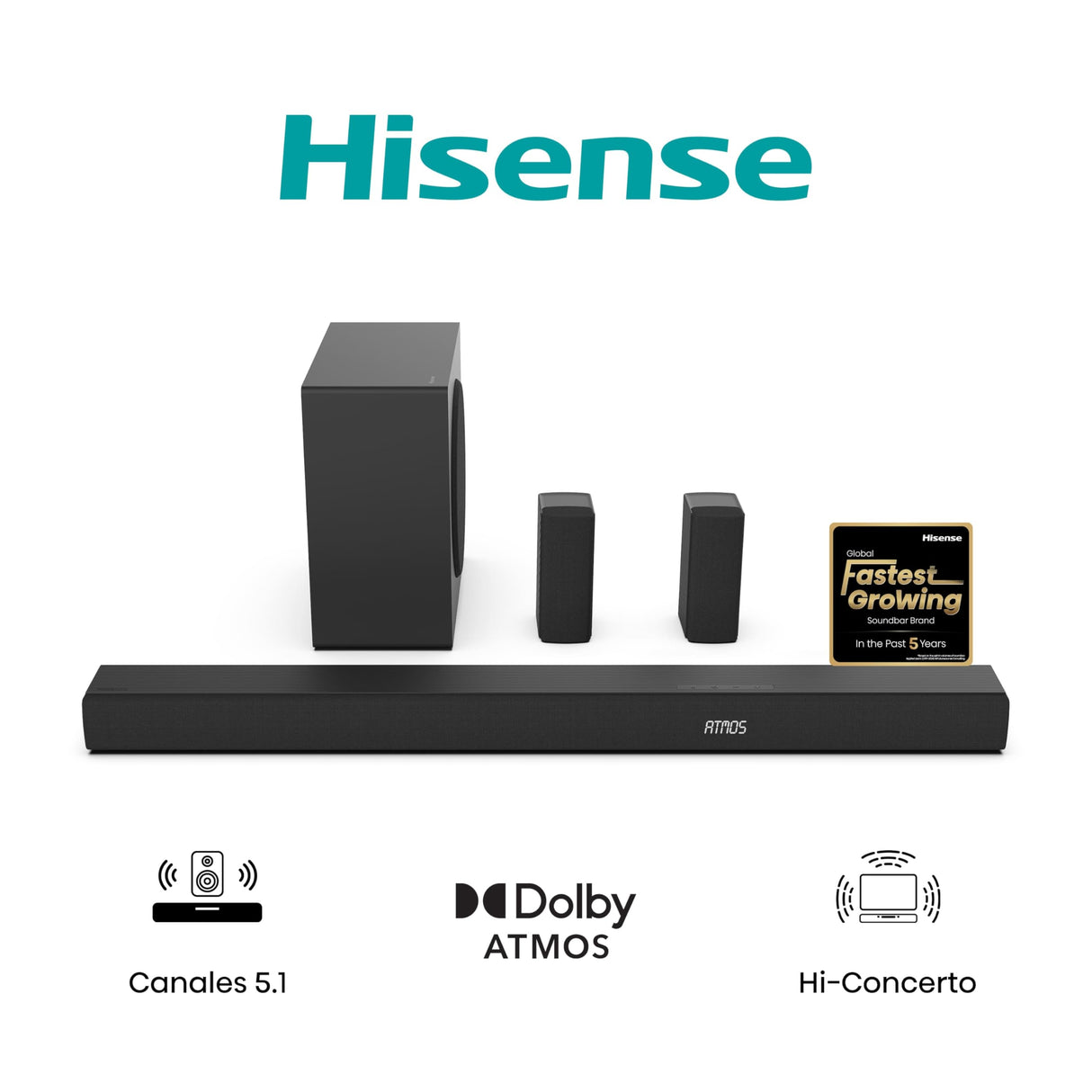 Hisense AX5100Q - Barra de Sonido 5.1, 580W, 8 Altavoces, Subwoofer y Altavoces Traseros Semi-Inalámbricos, Dolby Atmos, Hi-Concerto, HDMI eARC, Bluetooth 5.3, Ez Play