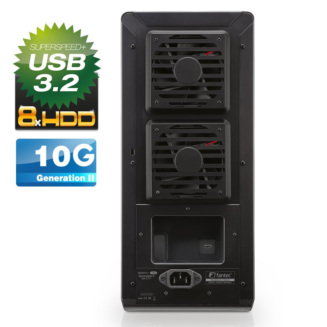 FANTEC 8X Hard Drive Enclosure USB-C 3.1 Gen2 10G for The Installation of 8X 3.5/2.5 Inch SATA I/II/III HDDs/SSDs. Automatic Fan with Internal Temperature Sensor, Lockable Metal housing, Black