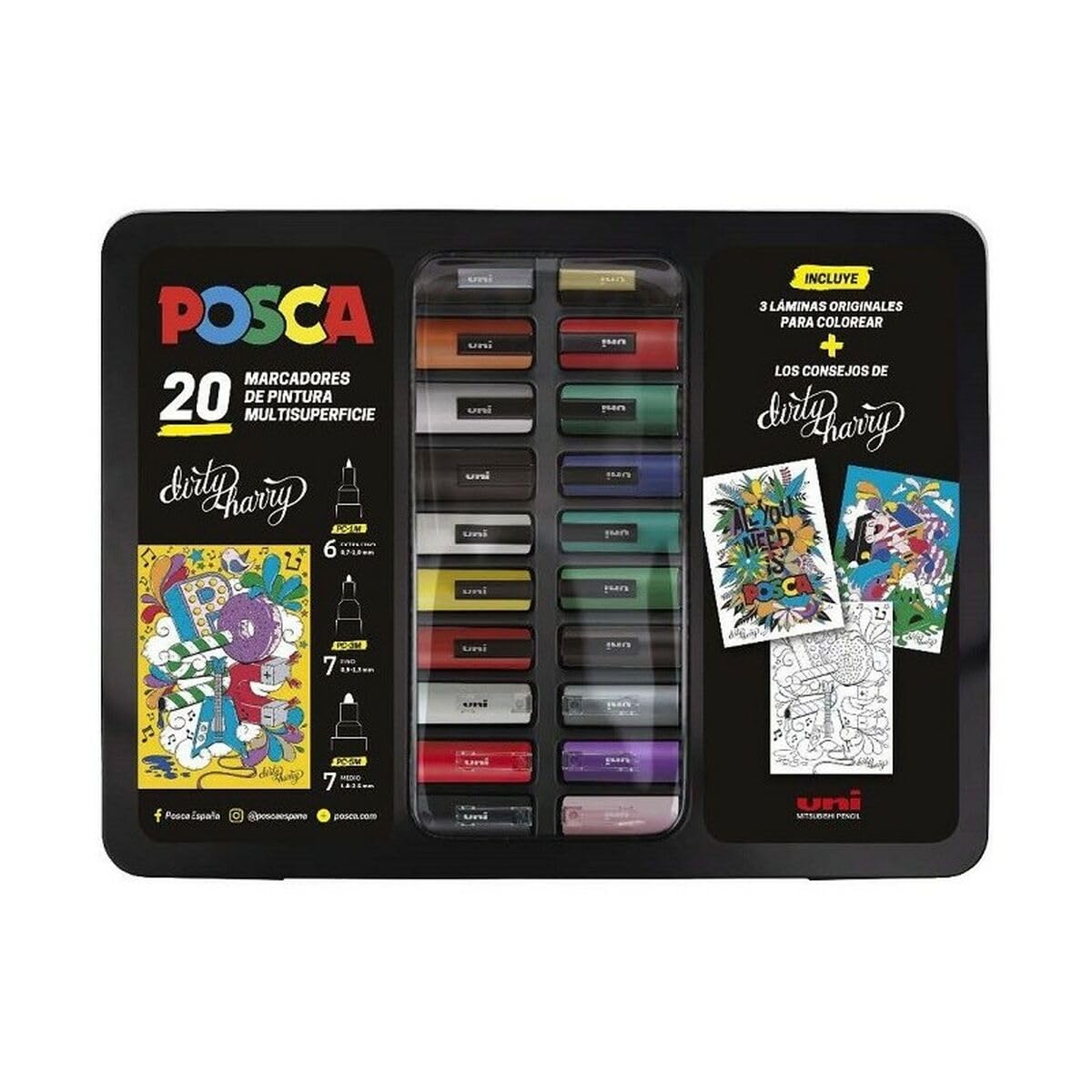 POSCA UNI-BALL - Maleta Metálica - Estuche - Set de Rotuladores de 20 Piezas - Unidades Surtidas