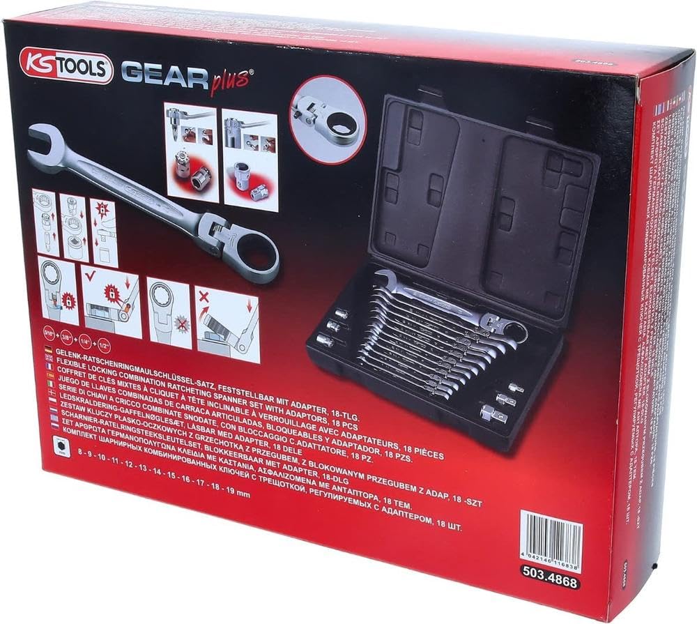 KS Tools 503.4868 Juego de llaves combinadas de carraca articuladas GEARplus, 18 pzsbloqueables