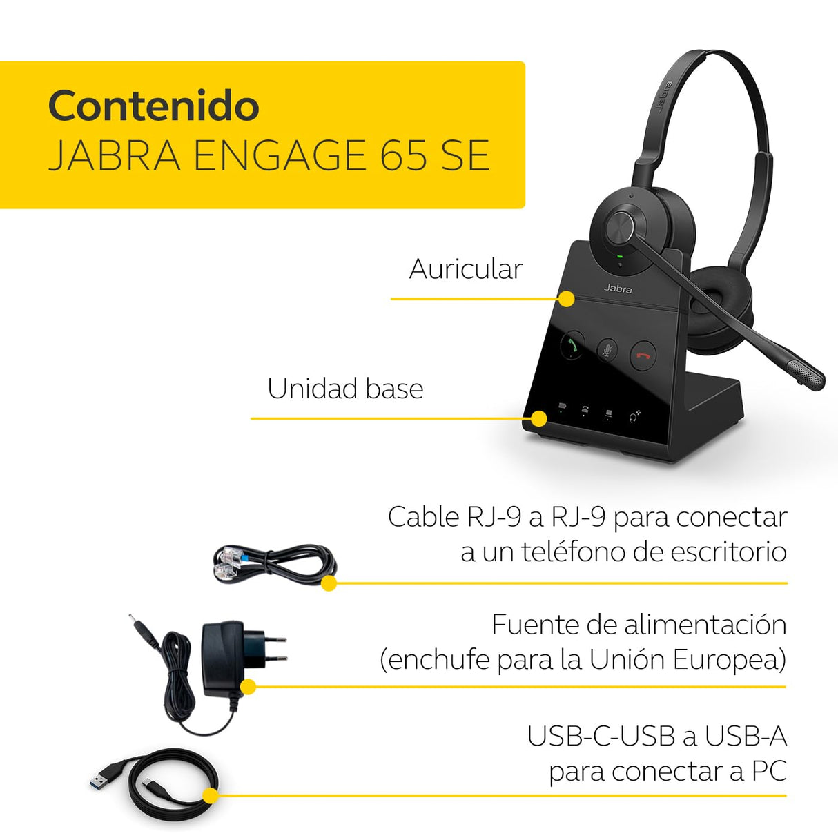 Jabra Engage 65 SE Auricular inalámbrico estéreo para Llamadas Profesionales, Seguridad DECT, batería de 13 Horas, Comodidad Durante Todo el día con Base, Cable USB-C