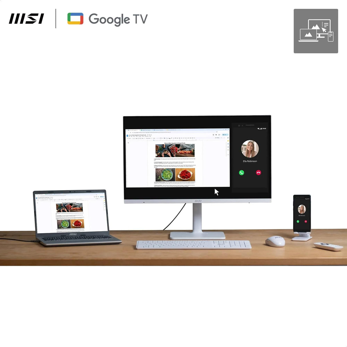 MSI Modern MD272UPSW, Monitor Inteligente UHD 4K de 27", Google TV, Control inalámbrico, Type-C 65W, Altavoces Integrados, Blanco