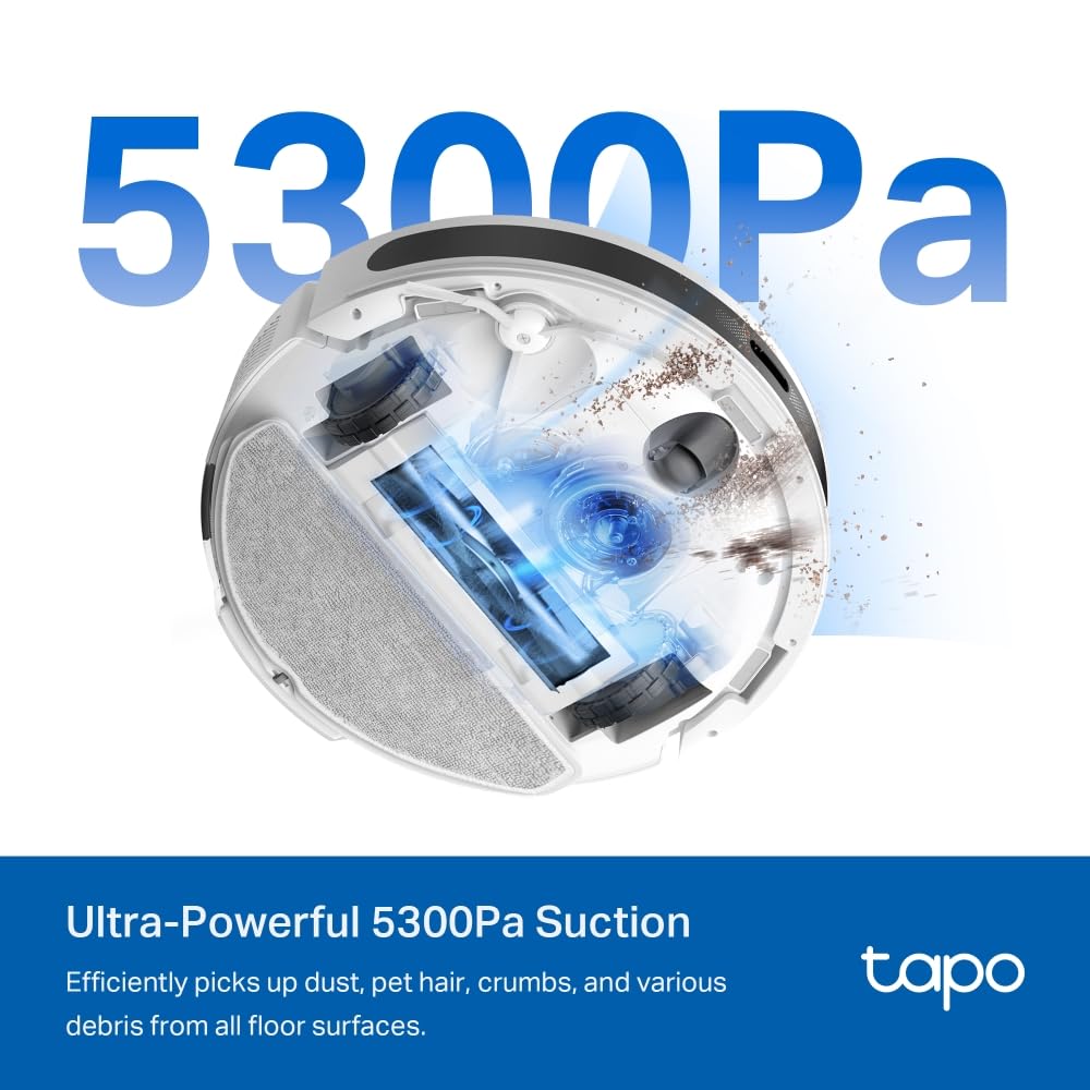 Tapo RV20 MAX Plus Robot Aspirador, Blanco, con 5300Pa de succión, Base de autovaciado, navegación láser LiDAR, mapeo Inteligente, Limpieza 4 en 1, Control por Voz y App, Solo 83 mm de Alto