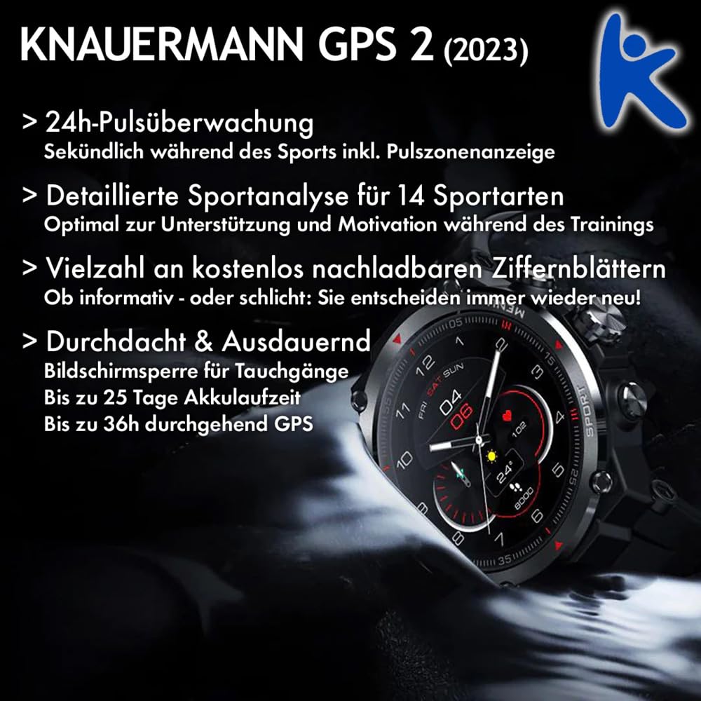 Knauermann GPS 2 (2023) Reloj Deportivo Negro - Pantalla AMOLED - Puls, oxígeno en Sangre, recepción GPS/Galileo - BT Bluetooth - Correa de Silicona Negra, 14-26, Normal, Moderno, Normal, Moderno