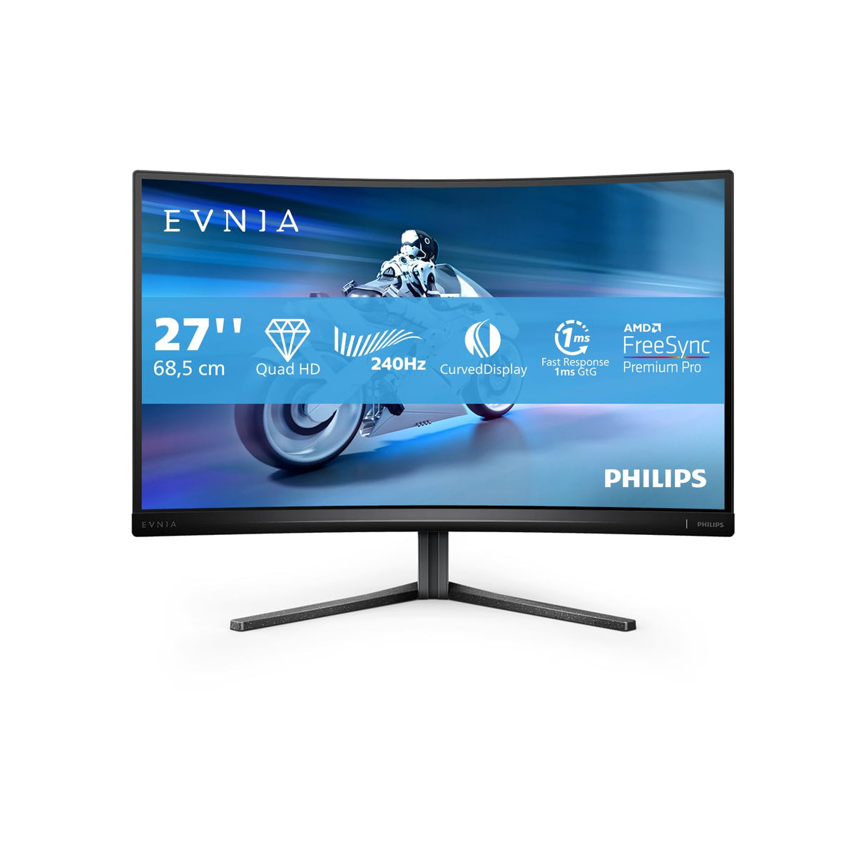 Philips 27M2C5500W Monitor 27 Pulgadas QHD Curvo, 240Hz, Fast VA, 0.5 ms MPRT, Adaptive Sync., HDR400, FreeSync Premium Pro, Altura Ajustable (2560x1440, 2X HDMI 2.0, DP 2X 1.4, USB-Hub), Gris Oscuro