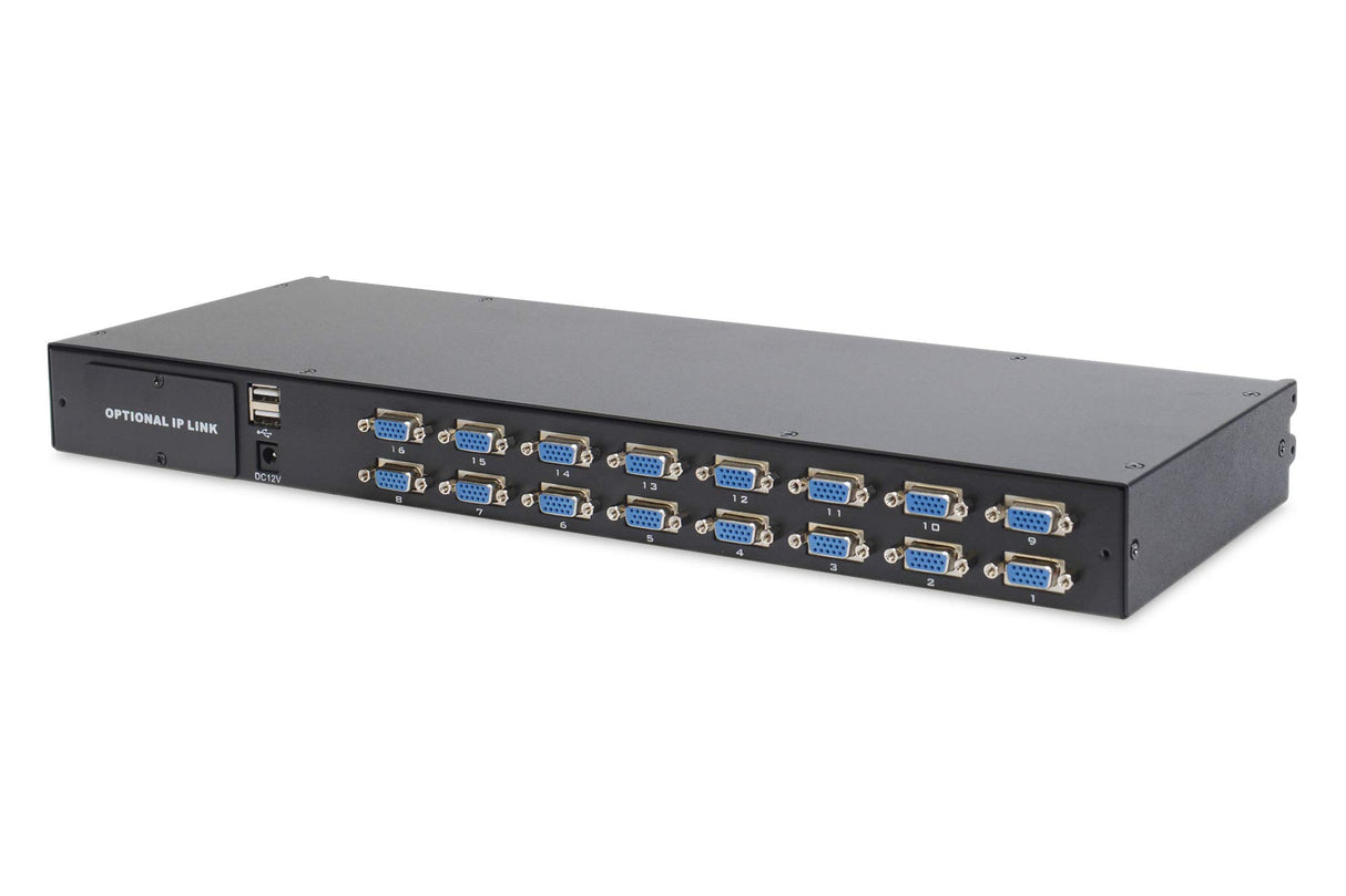 DIGITUS Consola KVM de 19" con pantalla TFT de 17" (4:3), distribución de teclado CH, conmutador KVM con 16 puertos VGA, negro