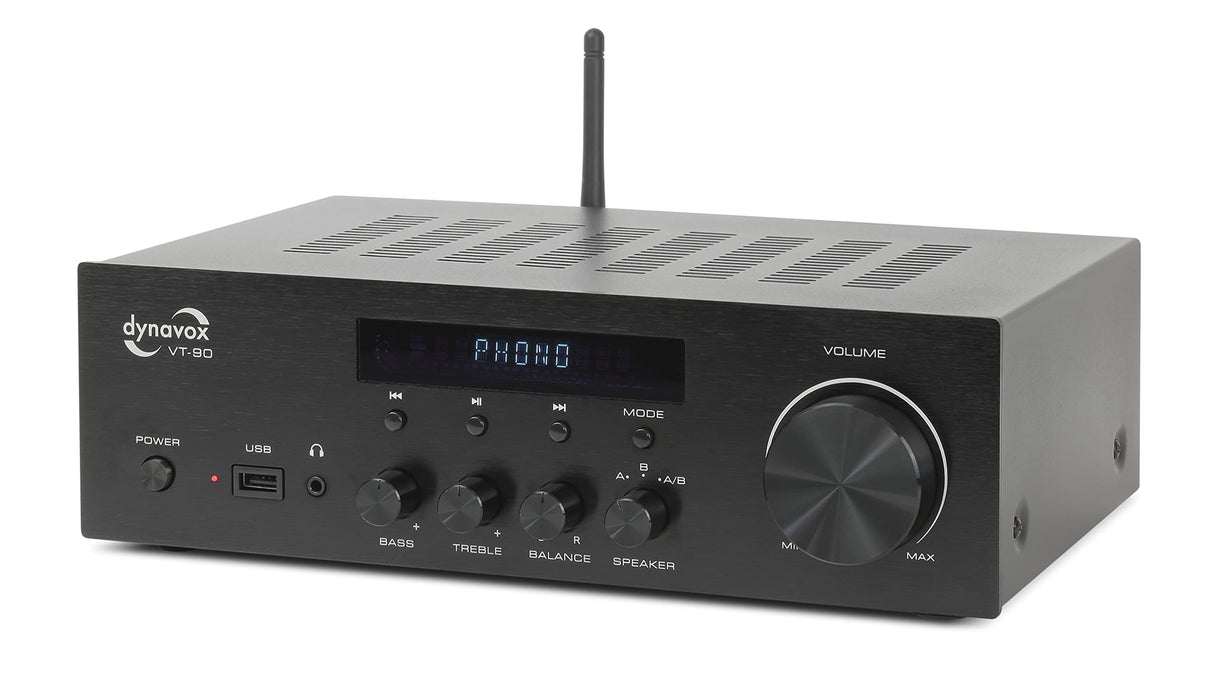 Dynavox VT-90 Amplificador estéreo Compacto, terminales de conexión atornillables para 4 Altavoces, Control Remoto, Entrada de Fono, transmisión BT, Negro