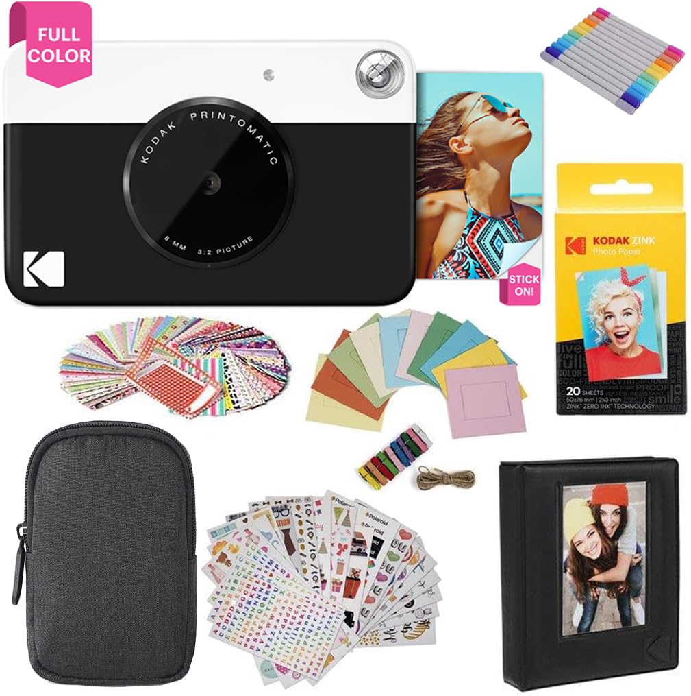 KODAK Printomatic Cámara instantánea (Negro) Paquete de Regalo con Papel fotográfico Zink (20 Hojas) y más