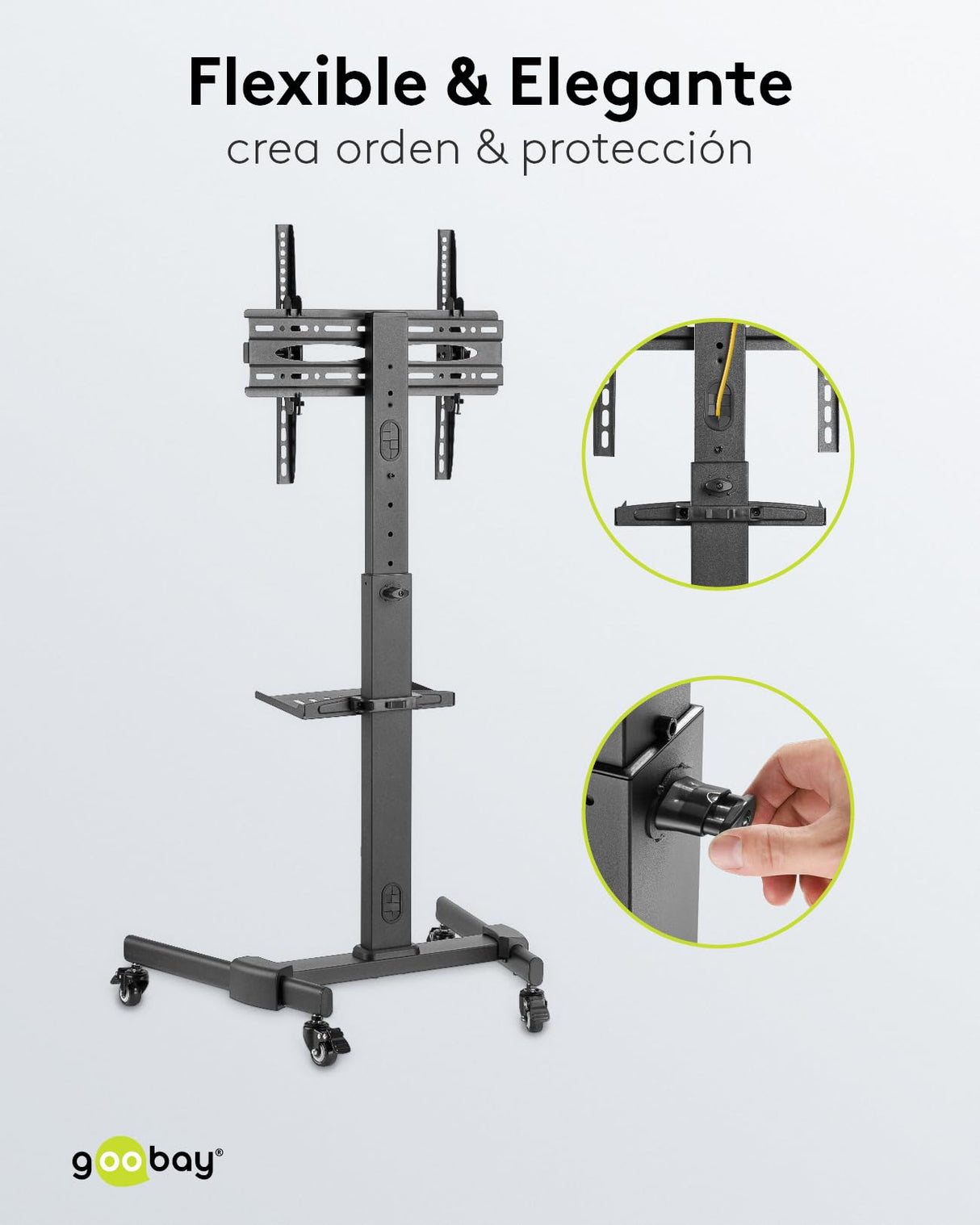 Goobay 59507 Soporte de TV móvil con Ruedas para televisores y monitores de Entre 37" y 70" (94-180cm) / Inclinable y Ajustable en Altura/Soporte de TV para TV Plana y TV Curva de hasta 35 kg