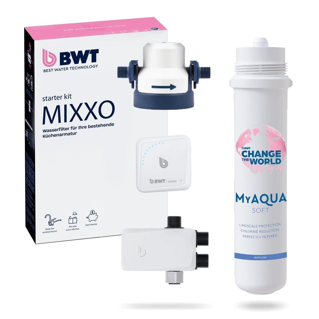 BWT MIXXO Starter Kit "Soft" | filtro de agua premium para grifo | purificador de agua doméstico | sistema filtro de agua innovador | descalcificador compacto bajo fregadero