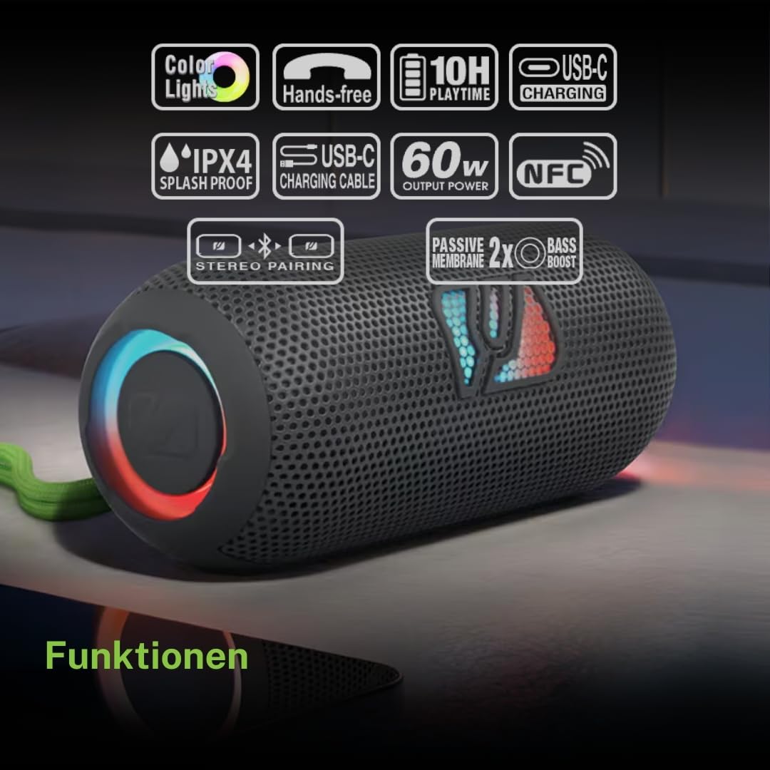 Muse M790BT. Altavoz portatil Bluetooth Resistente a Las Salpicaduras con Luces incorporadas. 60 W de Potencia. Manos Libres. Posibilidad de par Stereo. Concector de Carga USB-C. Batería de 2700 MAH