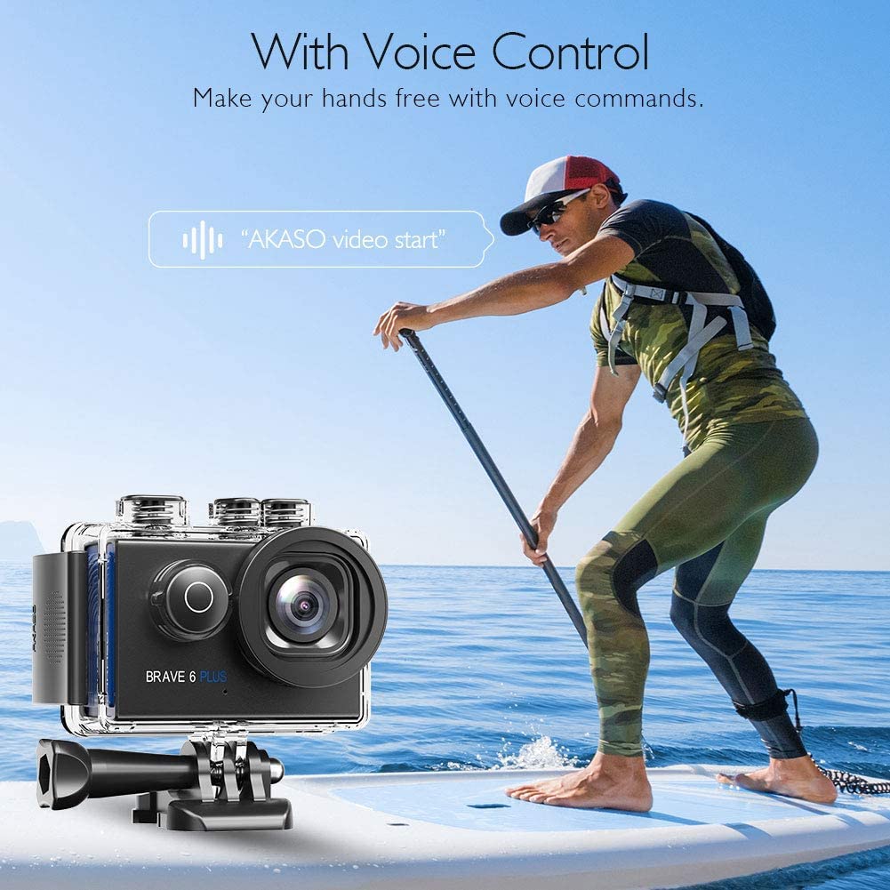 AKASO Brave 6 Plus Cámara Deportiva 4K30FPS WiFi 20MP - Cámara de Accion Pantalla Táctil, Estabilización Electrónica, Cámara Acuatica Sumergible 40M, Control por Voz, 2 Baterías y Kit de Accesorios