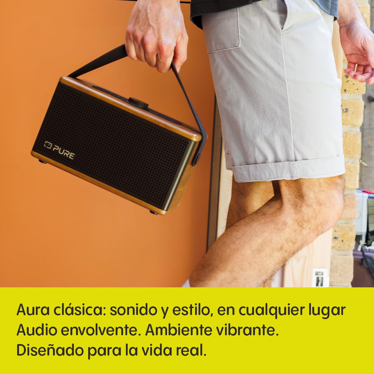 Pure Classic Aura Altavoz Bluetooth portátil 40W con batería 10000mAh, función Powerbank, Luces ambientales, 30h autonomía, USB-C, Entrada AUX, Resistente a Salpicaduras IPX2 – Marrón Café/Nogal