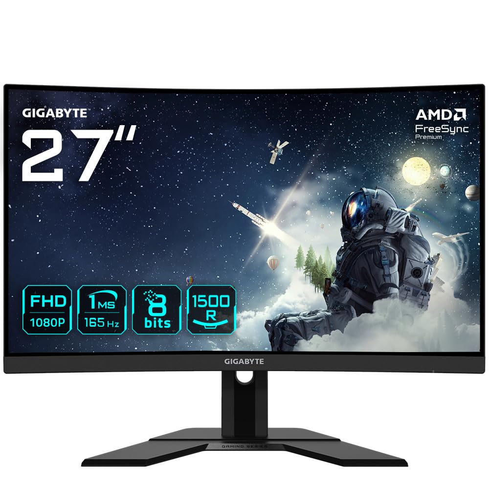 GIGABYTE G27FC A 27" Monitor de Juego Curvo FHD - 1920 x 1080, 1500R, 165Hz, 1ms, 250 cd/m², FreeSync Premium, HDMI 1.4, Displayport 1.2