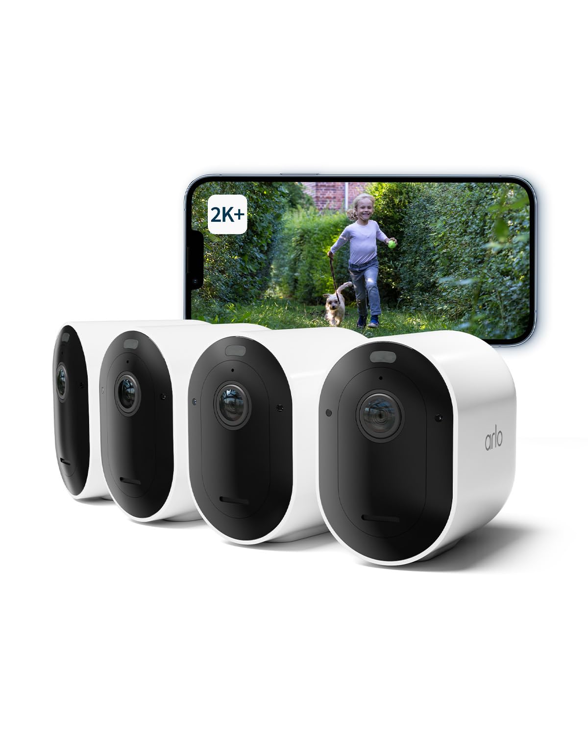 Arlo Pro 5 Camara de Vigilancia WiFi Exterior 2K, Camara Vigilancia WiFi Interior, Sensor de Movimiento, Alarmas para Casa, Visión Nocturna Color, Prueba Secure Incluida, 4 Cámaras, Blancas