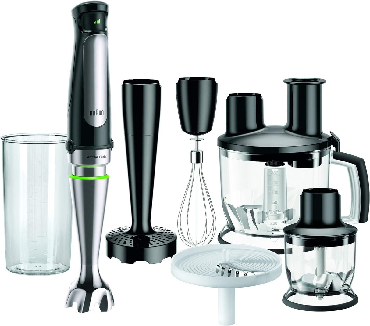 Braun Minipimer 7 MQ7087X - Batidora de Mano de 1000W, Minipicadora de 350ml, Pasapuré, Varillas, Procesador de Alimentos con 3 Funciones, Vaso de 600ml, Velocidad Automática, Tecnología ActiveBlade