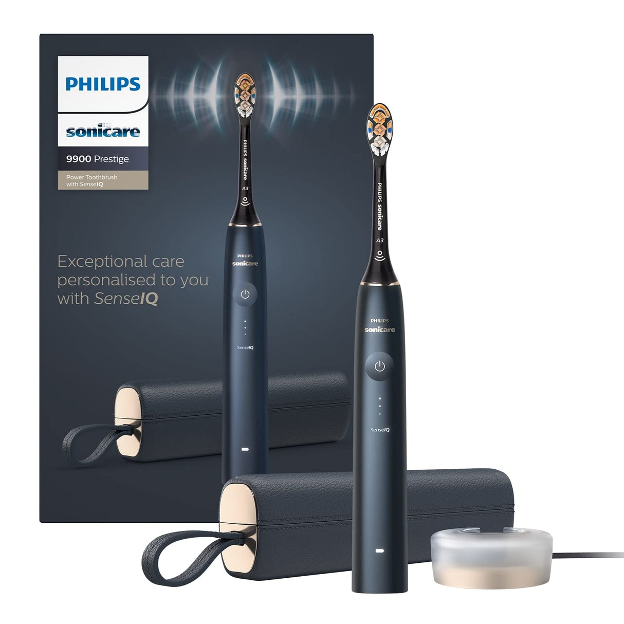 Philips Sonicare DiamondClean Prestige 9900: cepillo dental eléctrico sónico con un cabezal de cepillado Premium All-in-One A3 y estuche de carga en color azul noche modelo HX9992/12