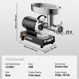 VEVOR Picadora de Carne Eléctrica Industrial de Encimera, Capacidad de 6,36 kg/Min, con Cuchilla, Placa Molienda, para Hacer Salchichas, Acero Inoxidable, para Cocina y Restaurante, 570 x 270 x 470 mm