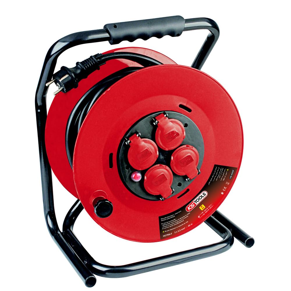 KS Tools - 150.4222F - Carrete eléctrico (16 A/230 V, 40 m, 4 enchufes con válvula de 16 A/230 V, asa de transporte