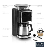 BEEM Cafetera de filtro Fresh Aroma-PERFECT III con mecanismo de molienda, térmica, de acero inoxidable, jarra aislante, mecanismo cónico y Aroma-Plus, filtro permanente, temporizador 24 h, 10 tazas