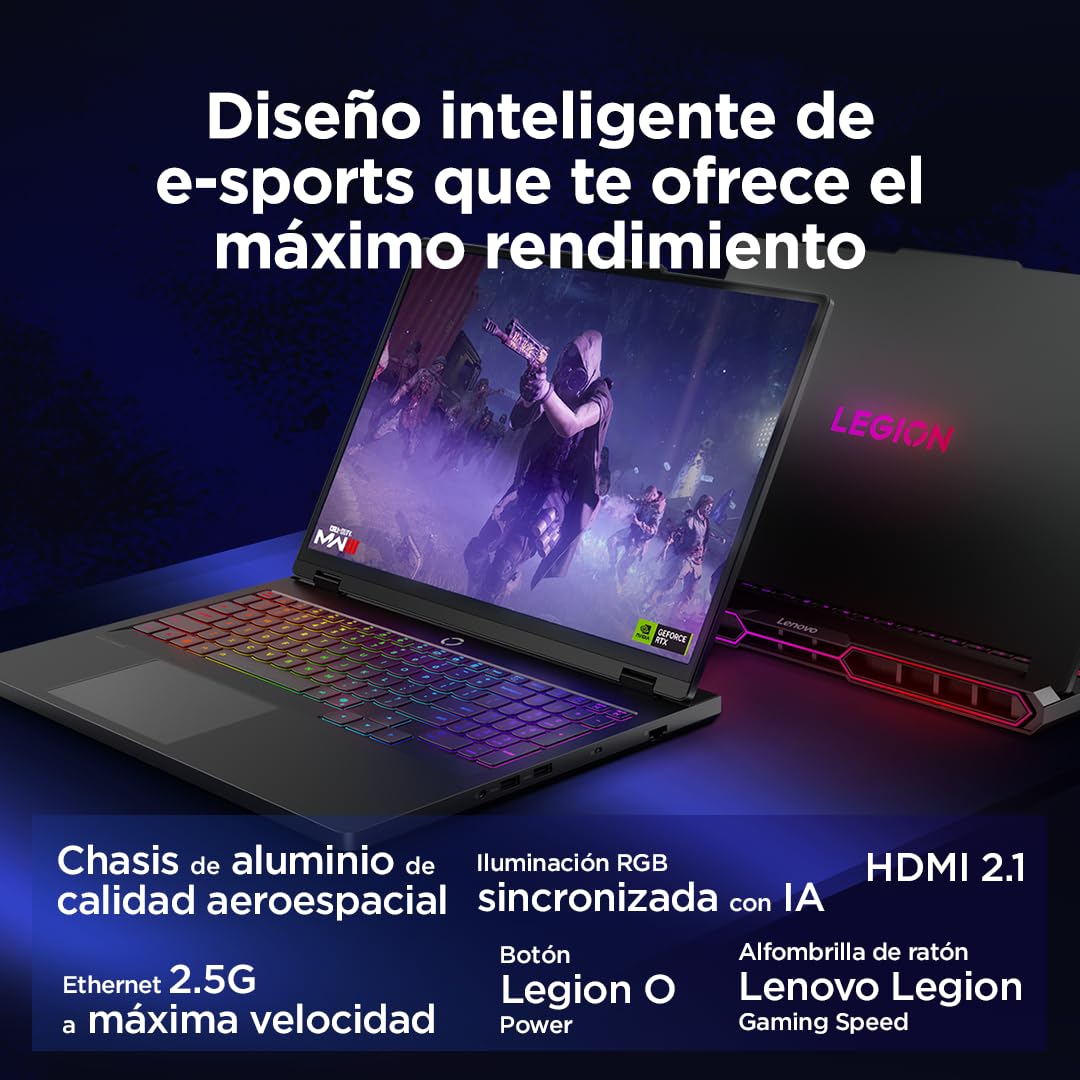 Lenovo Legion Pro 7 Gen 10 - Portátil Gaming IA, 16" WQXGA OLED (Intel Core Ultra 9 275HX, NVIDIA GeForce RTX 5080, 240 Hz, 64 GB RAM, 1TB SSD, Wi-Fi 7, Sin Sistema Operativo) Teclado RGB - Negro
