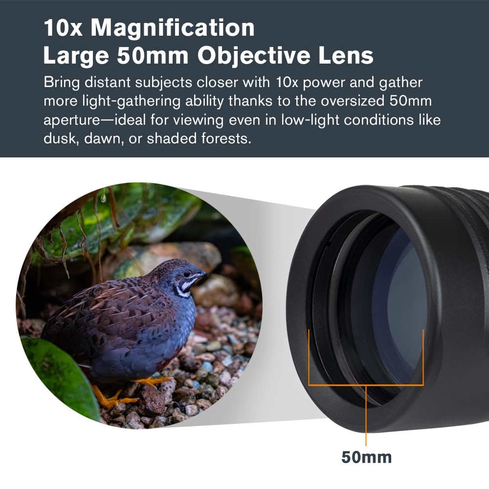 Celestron 72370 Outland X Monocular Resistente Agua 10x50 y Adaptador Smartphone, Bluetooth Remoto, Tapas oculares y Funda - Carcasa Resistente, Prisma BaK-4 y óptica Revestimiento múltiple, Negro