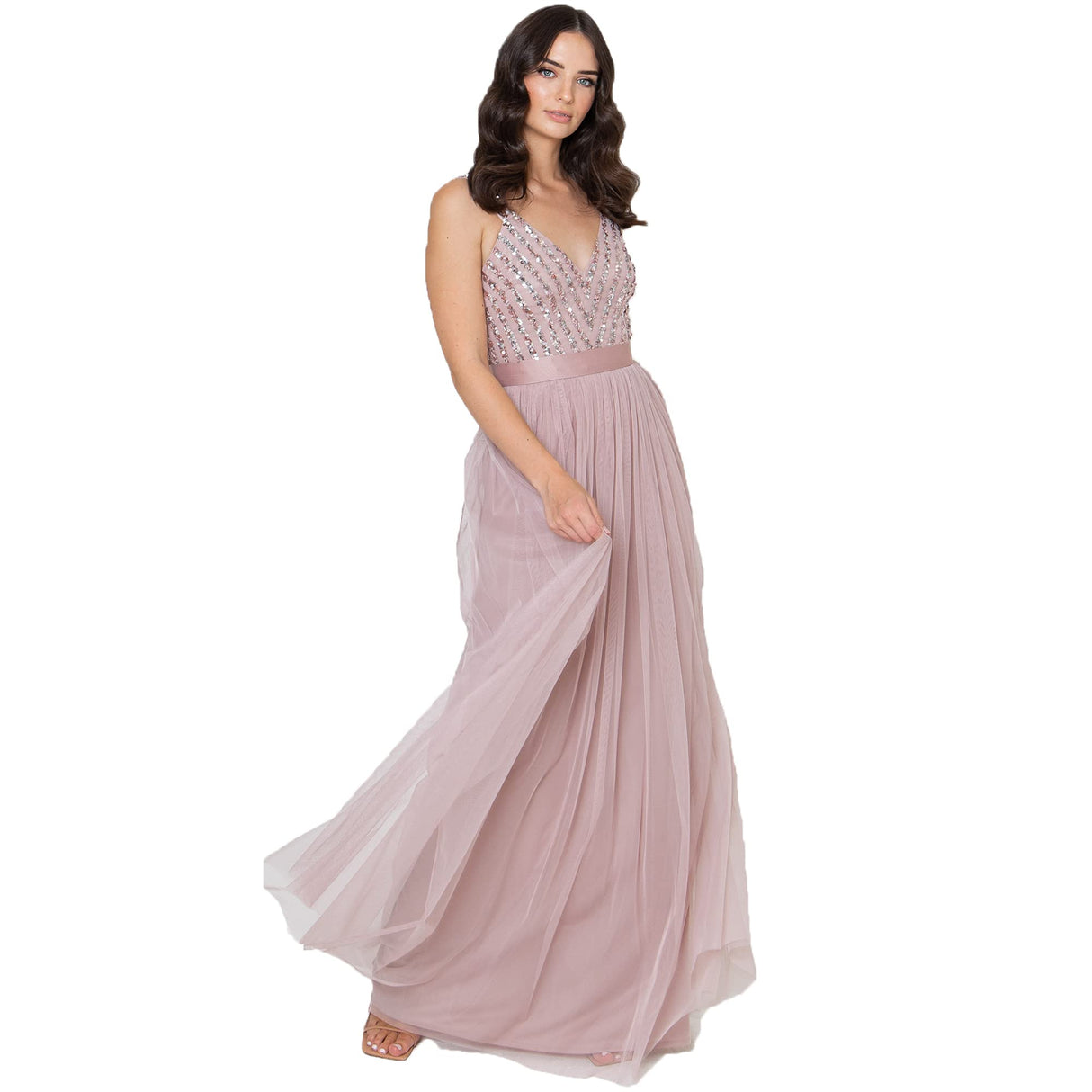 Maya Deluxe Maya Vestido Maxi Sin Mangas con Detalle de Rayas promoción, Rosa Esmerilado, 44 para Mujer