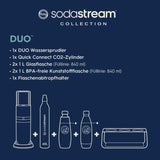 SodaStream Juego de pulverizadores DUO Comfort con cilindro de CO2, 2 botellas de cristal de 1 L, 2 botellas de plástico de 1 l aptas para lavavajillas y soporte para botellas sitólico, altura: 44 cm,
