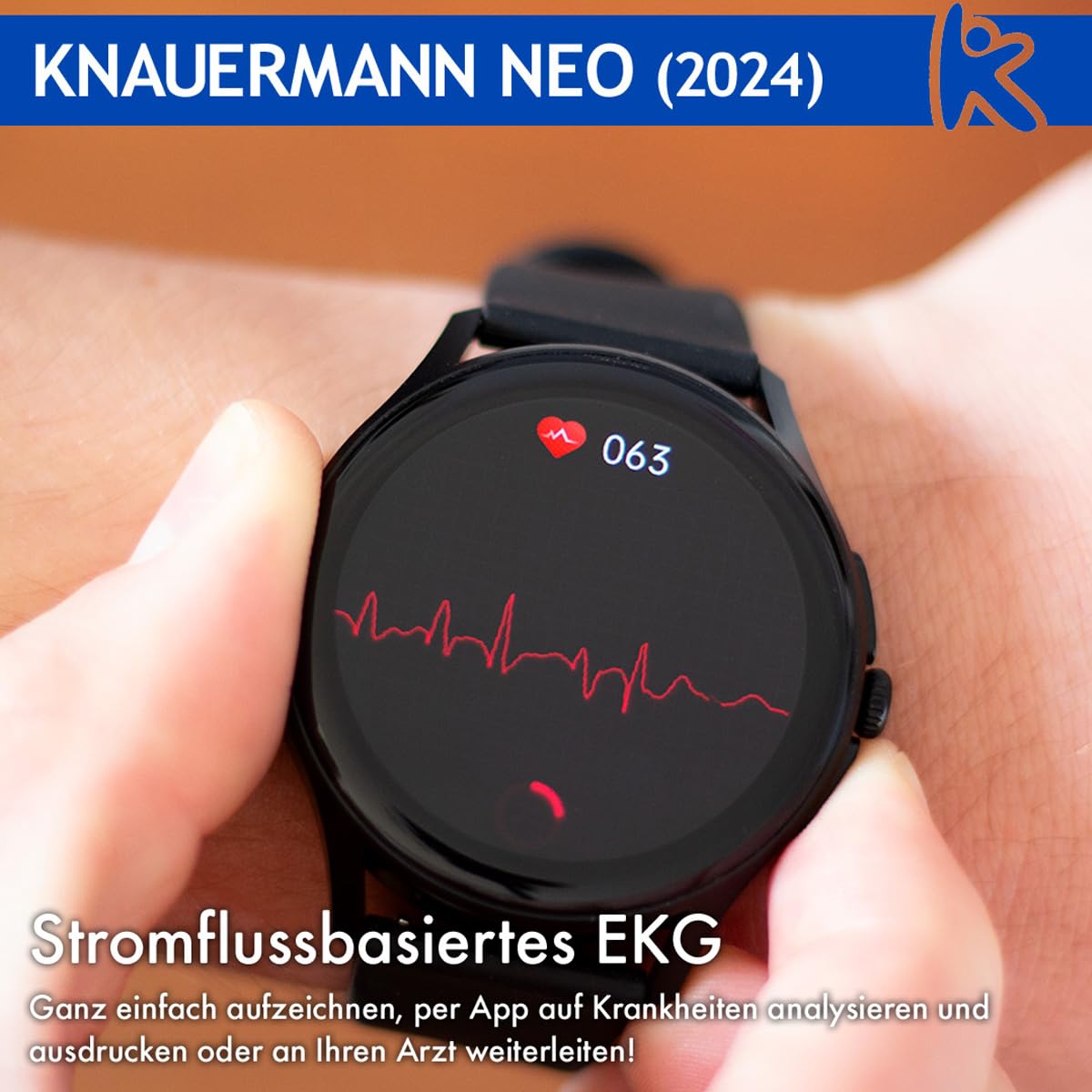 Knauermann Neo (2024) - Reloj de Salud Smartwatch - Función ECG + HRV - BT Bluetooth - Apnea del Sueño, Dorado, Normal, Redondo