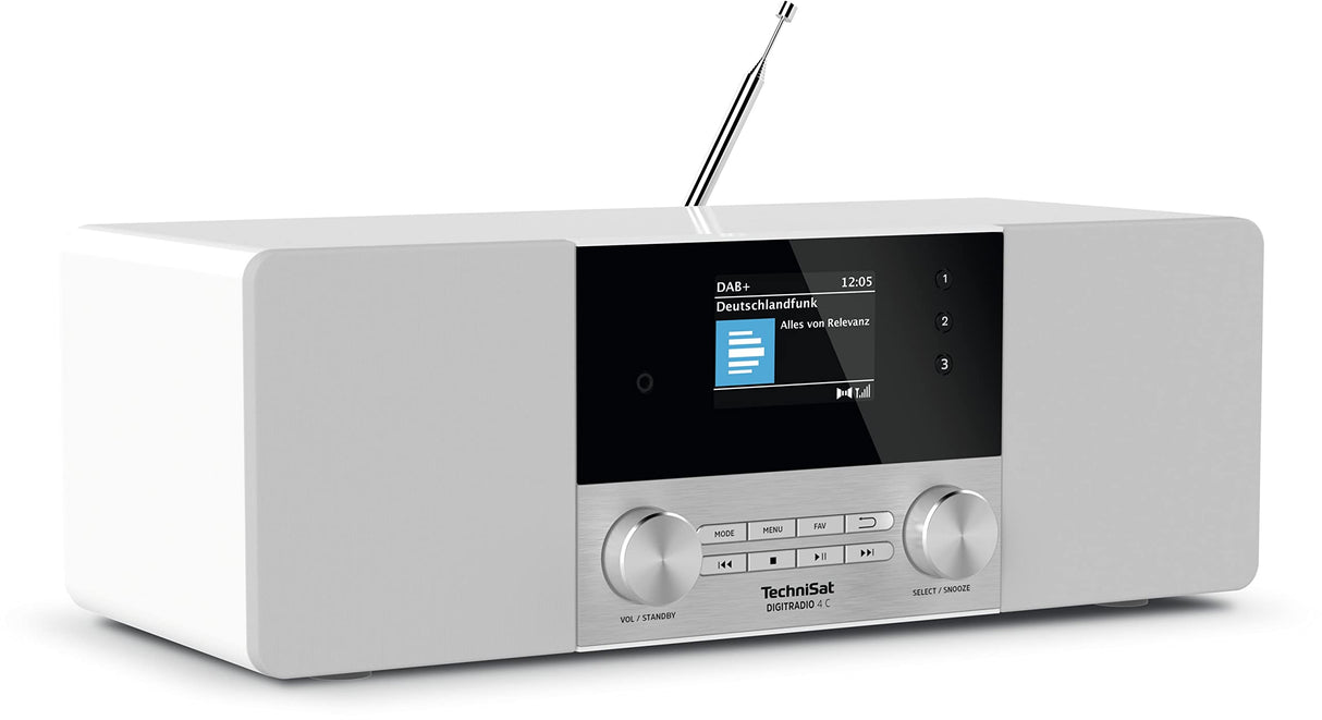 TechniSat - Radio Digital estéreo 4 C (Dab +, FM, Pantalla a Color, Bluetooth, conexión para Auriculares, Entrada Auxiliar, Pantalla OLED, 20 W RMS, Altavoz Elac), Color Blanco